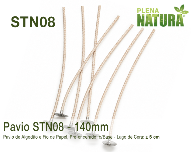 Pavio STN08 140mm - de Algodão e Fio de Papel - Encerado c/Base